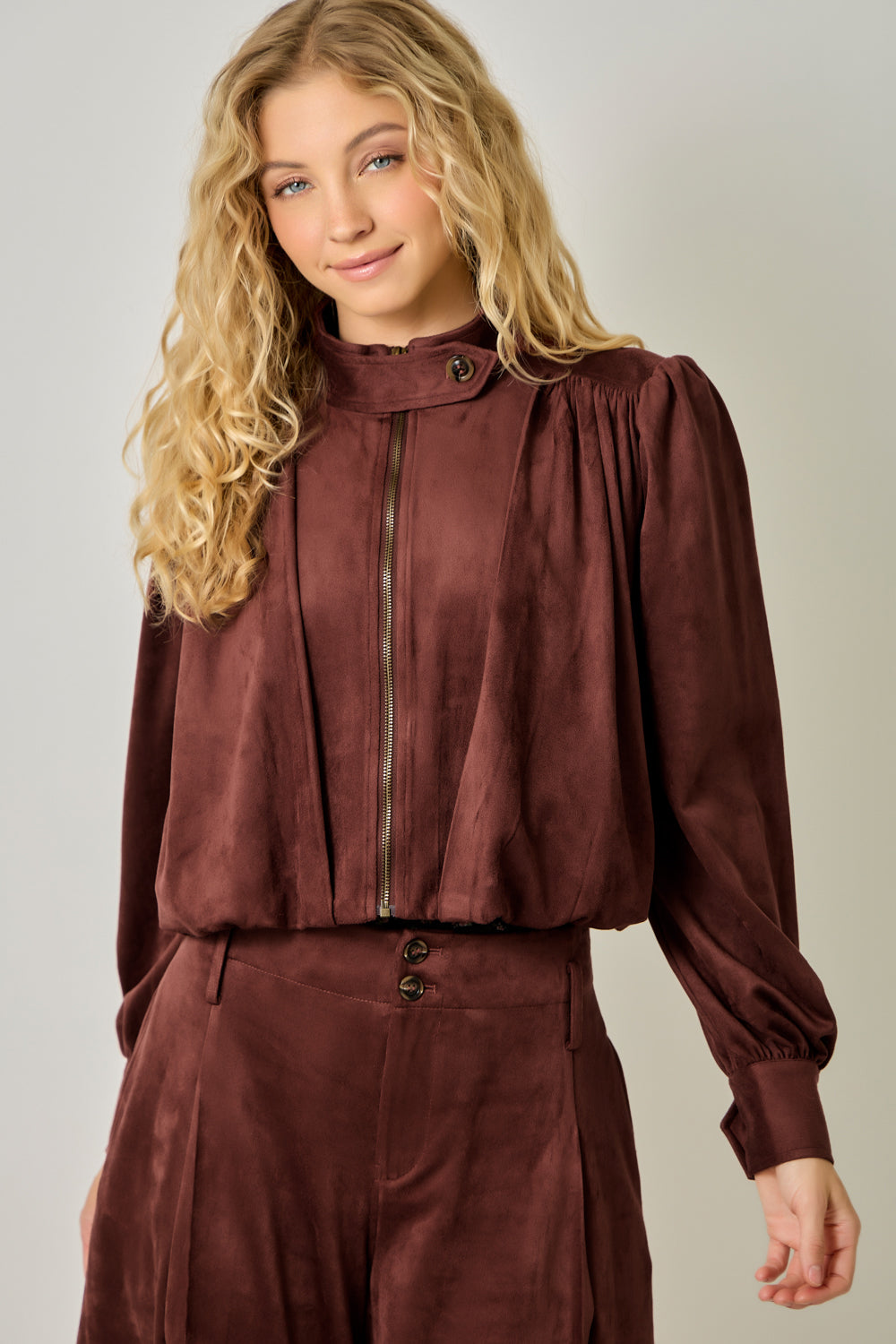 Diana Suede Gathered Blouson Jacket | Burgundy