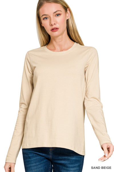 Cotton Crew Neck Long Sleeve Tee | Sand Beige