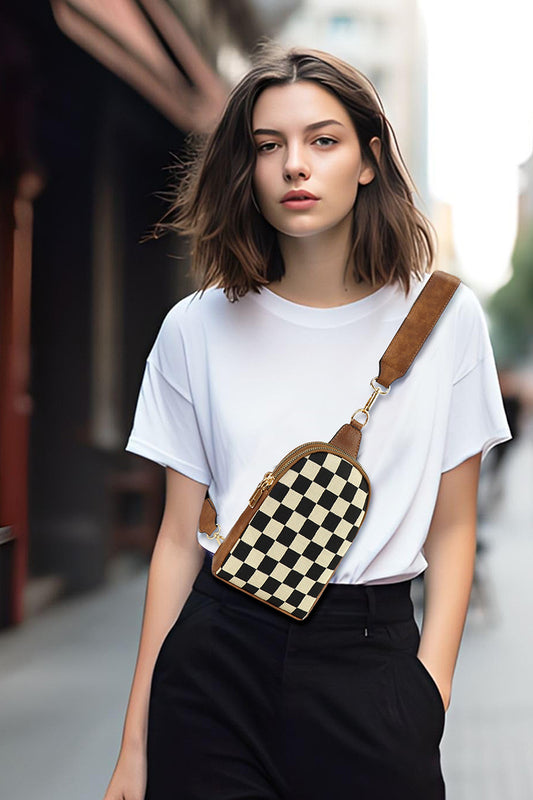 Checkered Crossbody Sling Bag | Camel