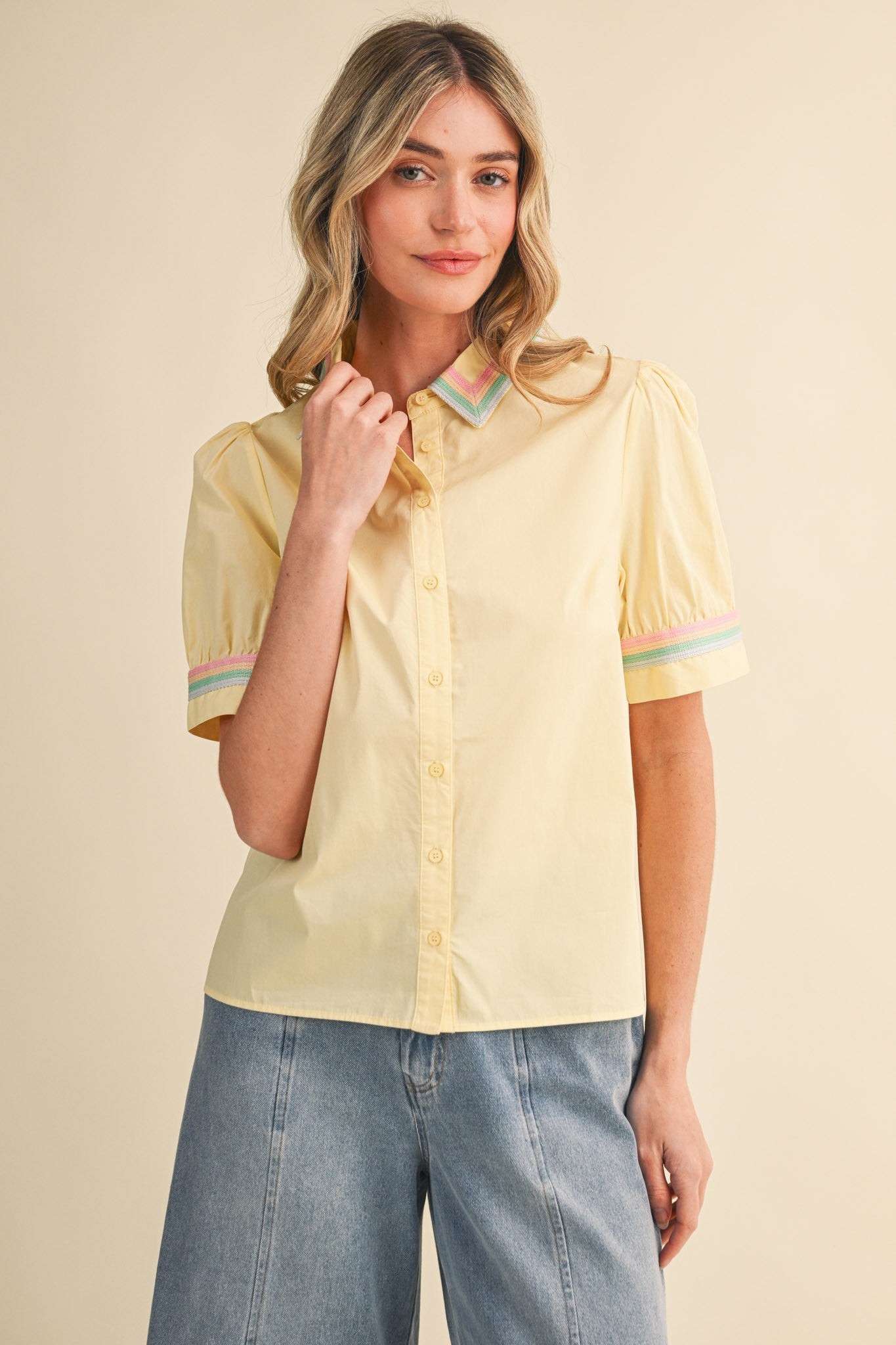 Cayden Button Down Top with Rainbow Trim