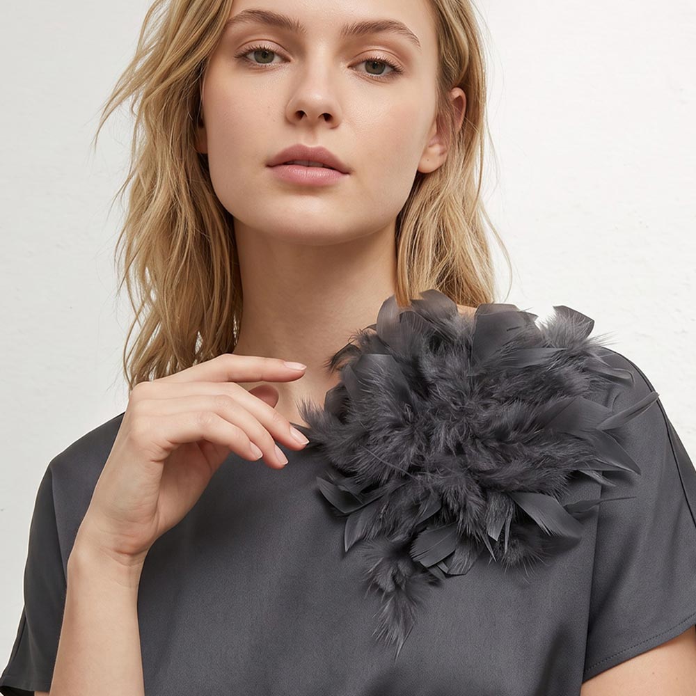 Oversized Feather Flower Hair Clip Pin Brooch | Charcoal