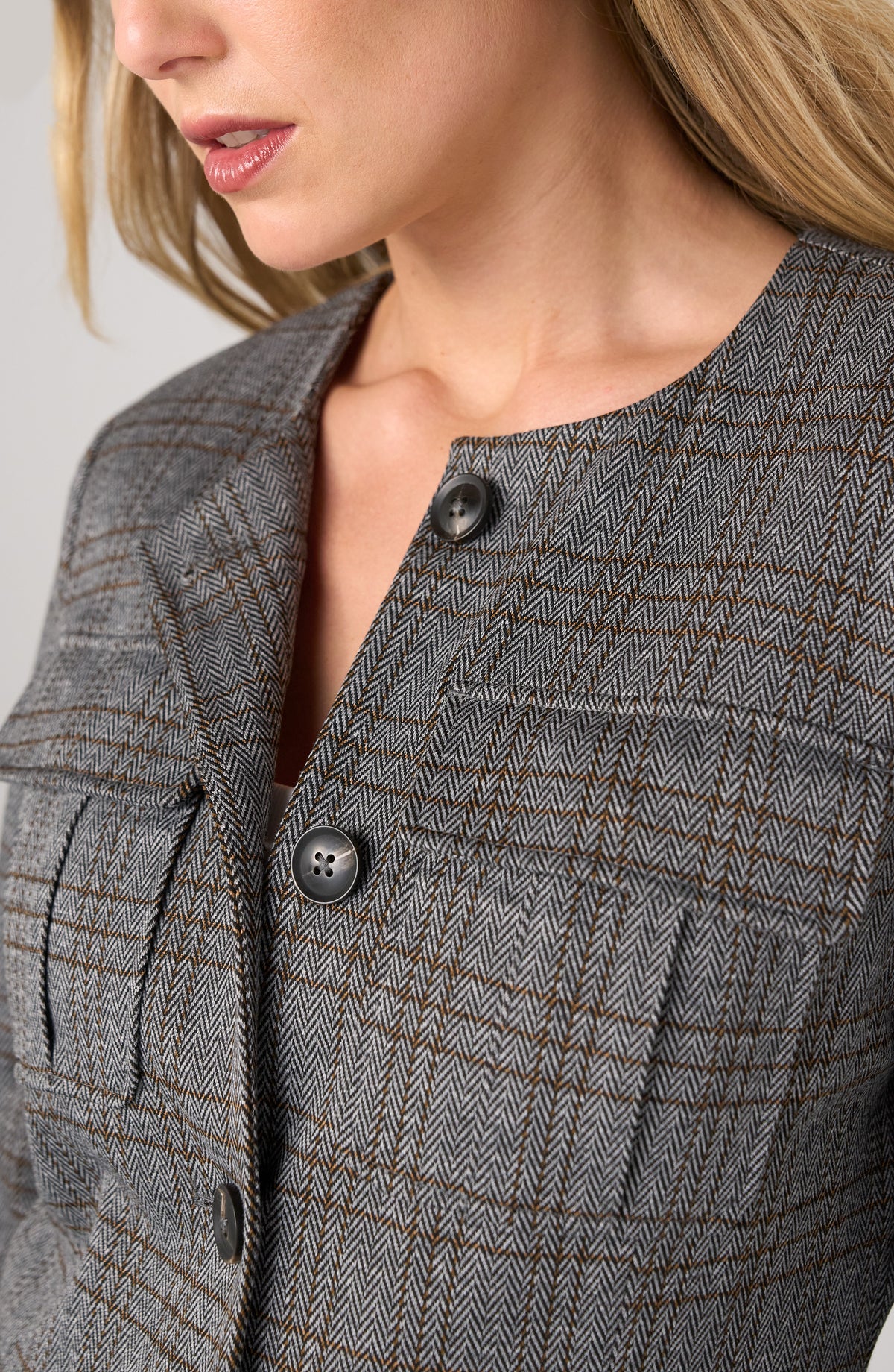 Liverpool Collarless Field Jacket | Black Multi Herringbone