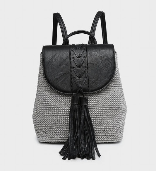 Eleanora Straw Backpack Bag | Grey + Black