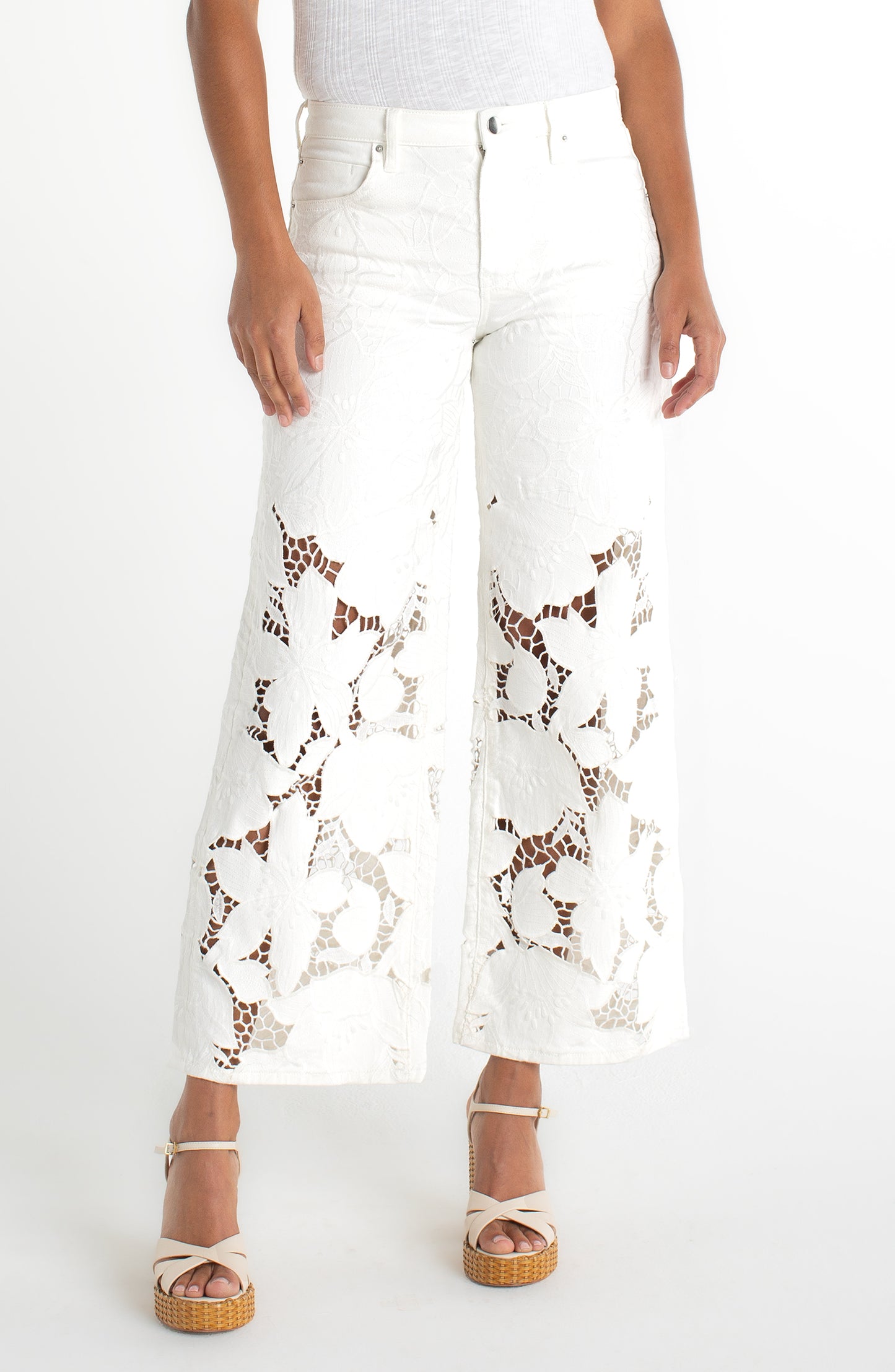Liverpool Stride Wide Leg W/ Floral Cutwork | Ivory Bloom