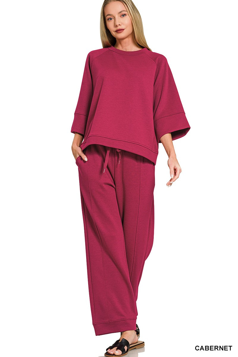 Madison Scuba 3/4 Sleeve Pullover & Pants Set | Cabernet