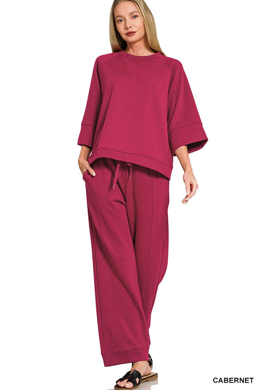 Madison Scuba 3/4 Sleeve Pullover & Pants Set | Cabernet