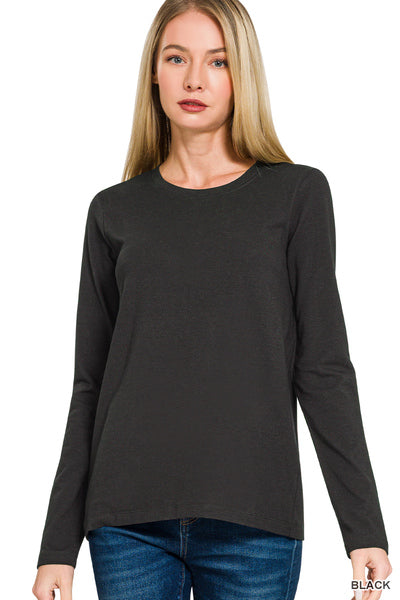 Cotton Crew Neck Long Sleeve Tee | Black