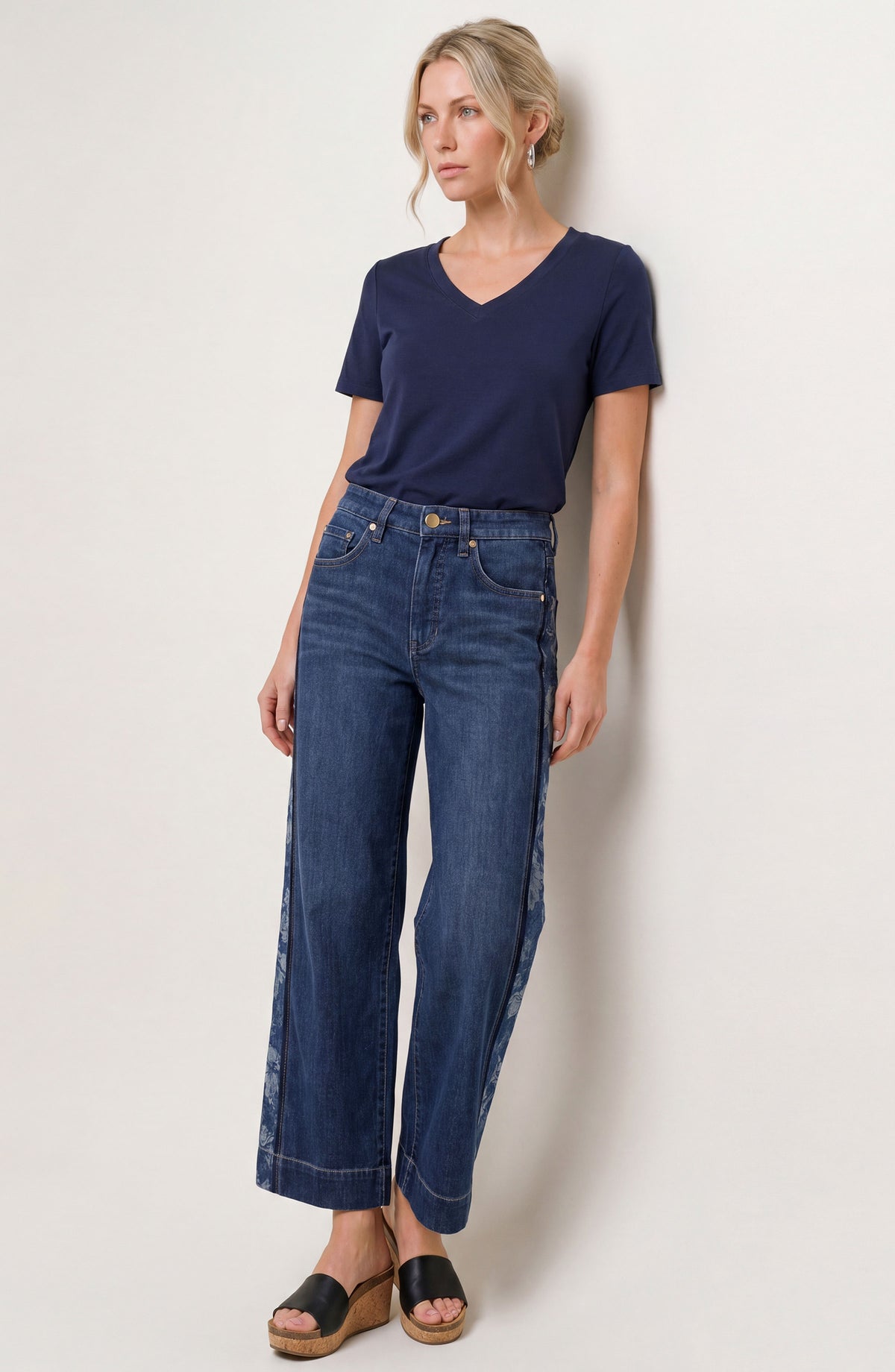 Liverpool Stride Wide Leg w/ Jacquard Blocking | Indigo Gardens