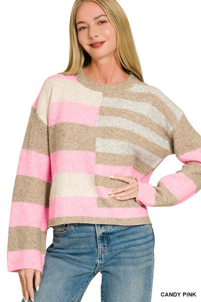 Allie Striped Color Block Sweater | Pink
