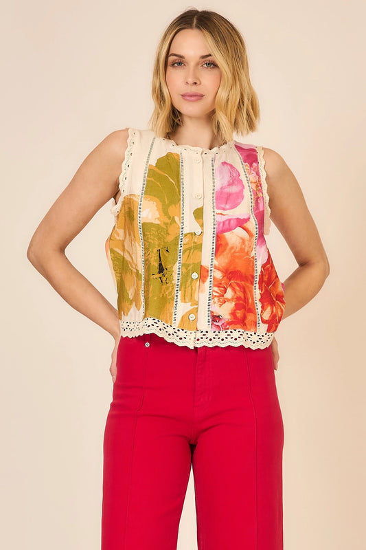 Eden Floral Sleeveless Top with Lace Contrast