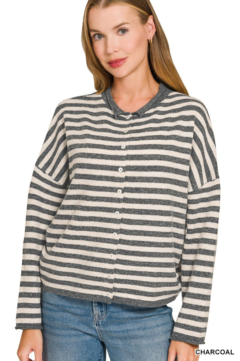 Riley Striped Collared Cardigan | Charcoal