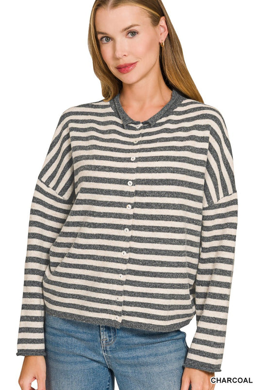 Riley Striped Collared Cardigan | Charcoal