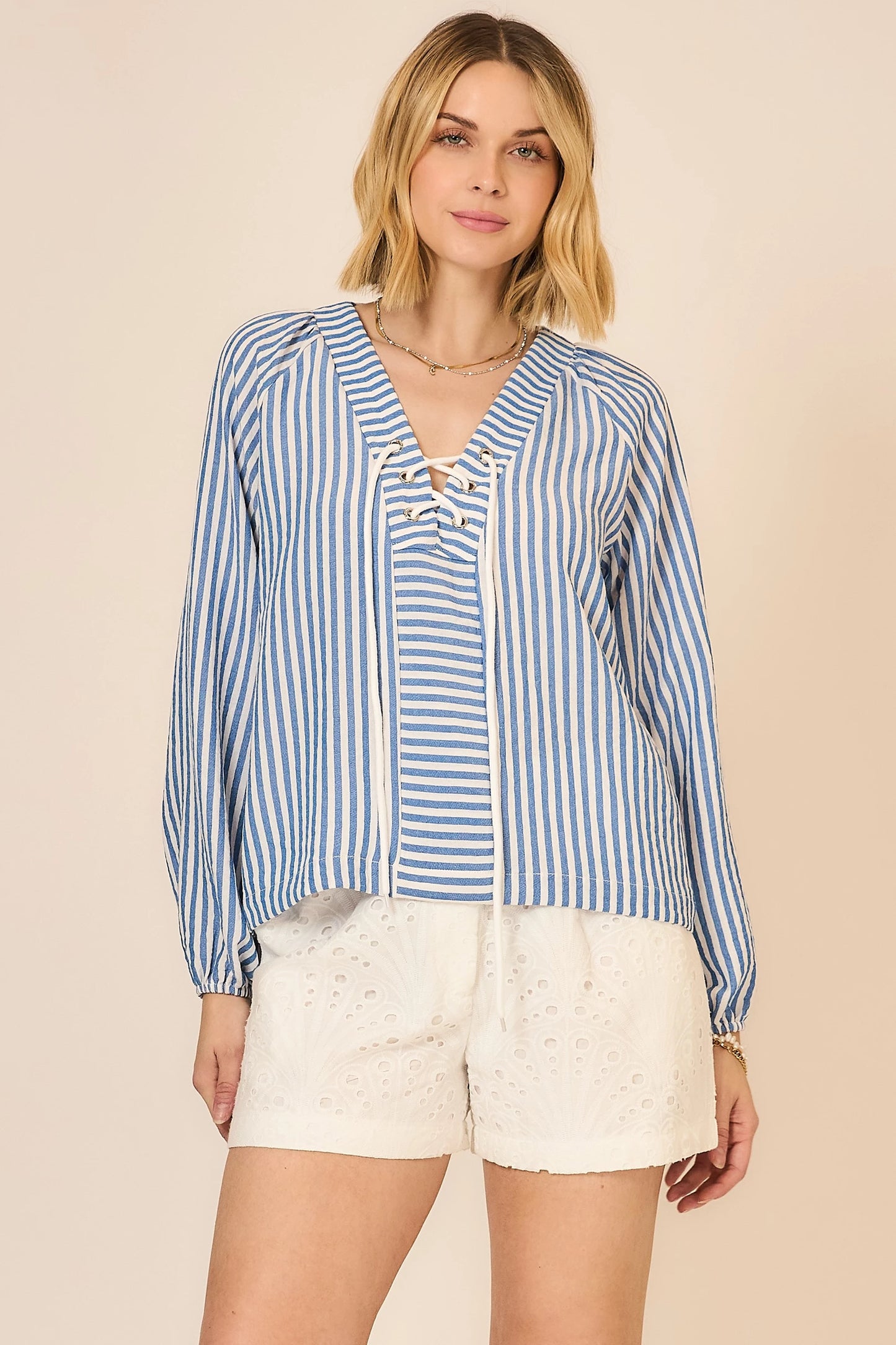 Clara Striped V Neck Lace Up Top