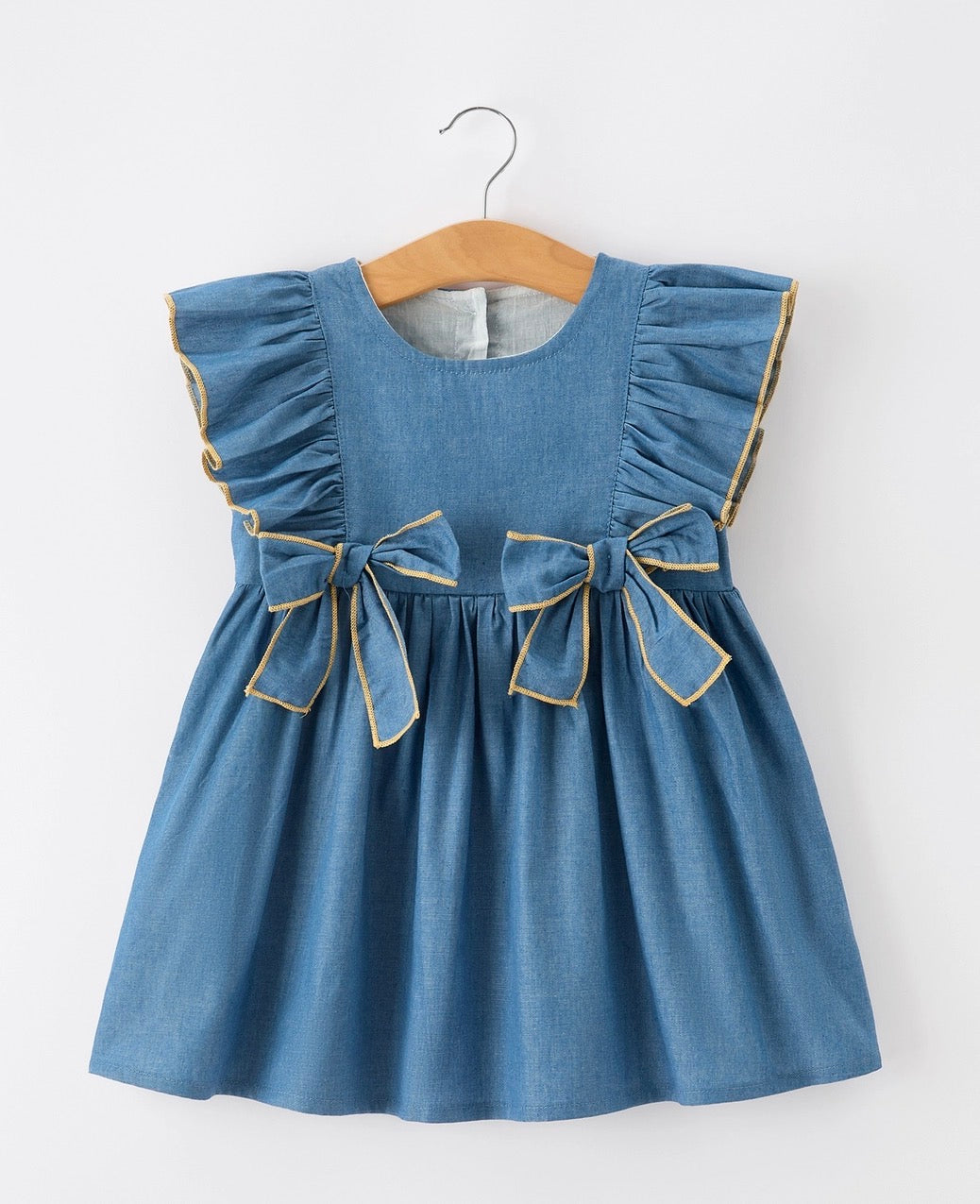 Denim Bow Ruffle Strap Girls Dress
