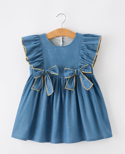 Denim Bow Ruffle Strap Girls Dress