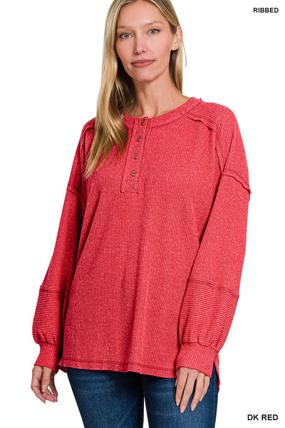 Ally Ribbed Henley Sweater | Dk Red