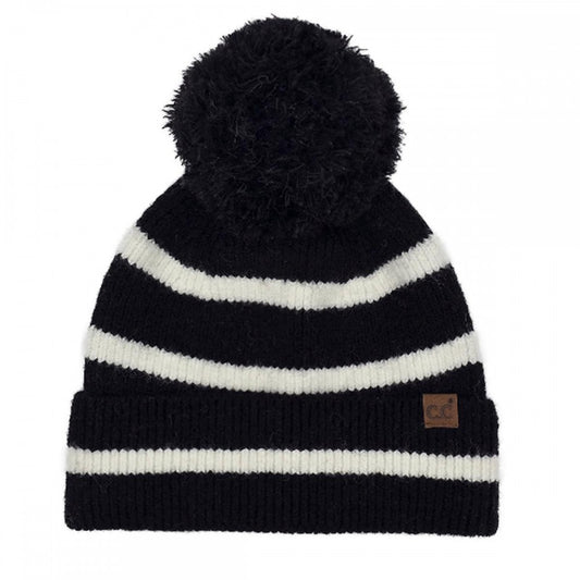 C.C Stripe Yarn Pom Beanie | Black