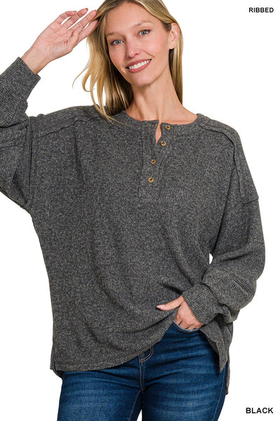 Ally Ribbed Henley Sweater | Black