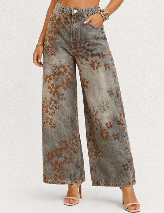 Rachel Velvet Floral Wide Barrel Leg Denim
