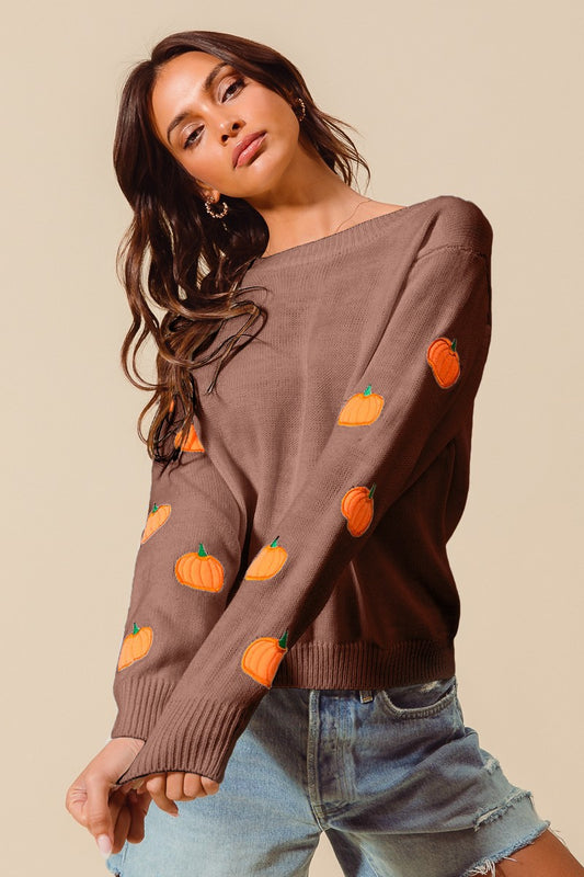 Pumpkin Appliqué Sleeve Sweater | Mocha