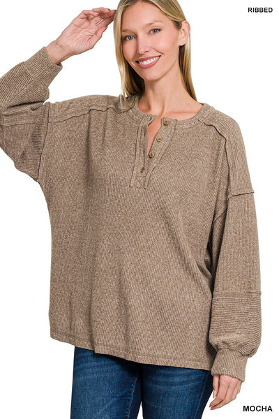 Ally Ribbed Henley Sweater | Mocha