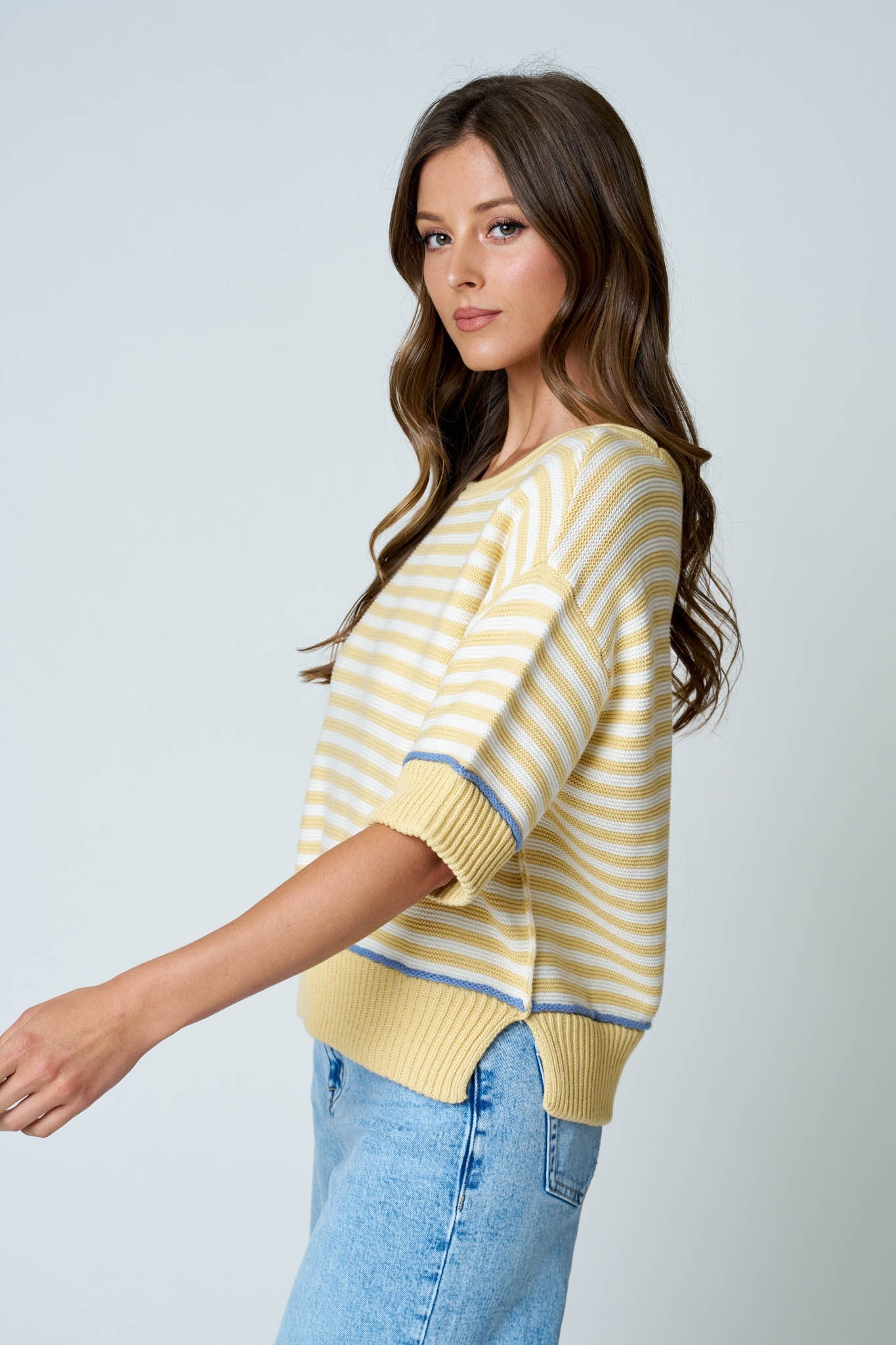 Ariah Stripe Raw Edge Sweater | Butter Yellow