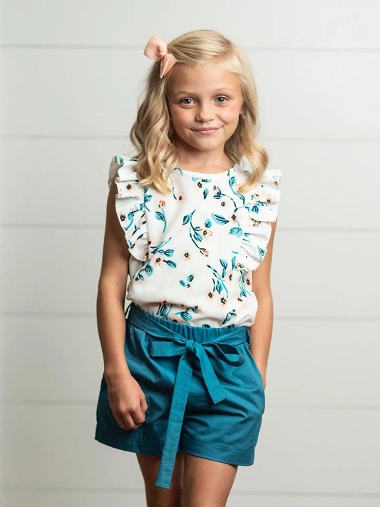 Kids White & Teal Floral Ruffle Short Set