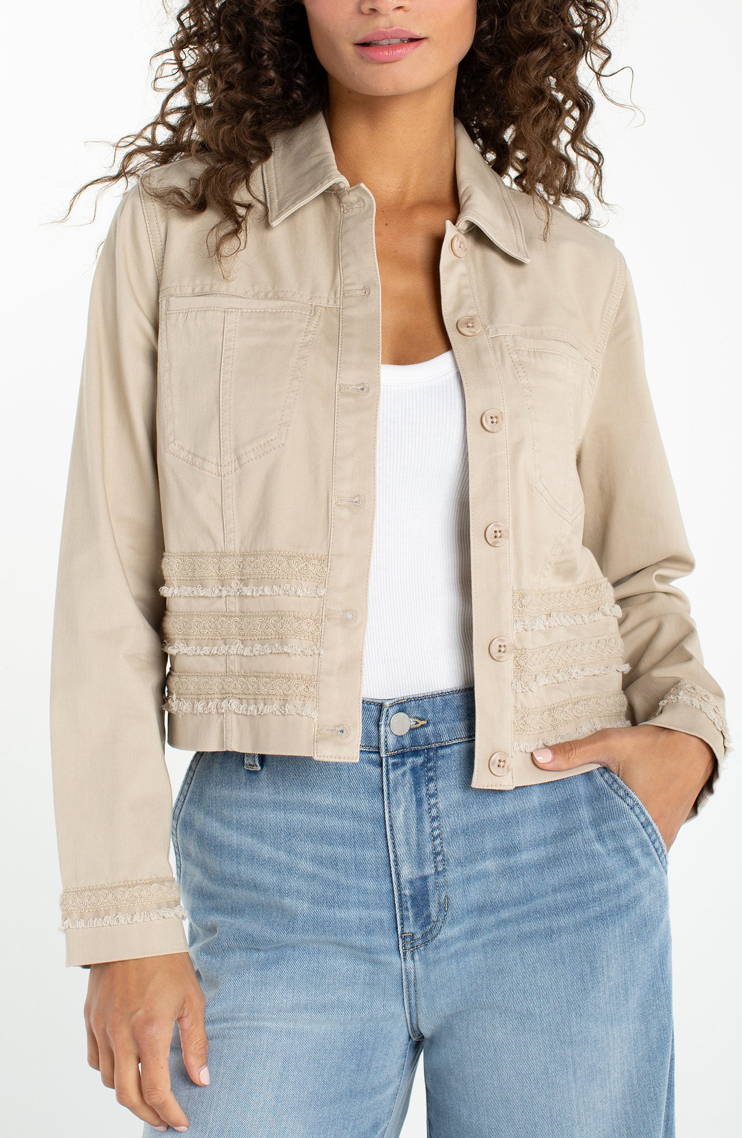 Liverpool Collarless Jacket With Fray + Lace | Safari Sand
