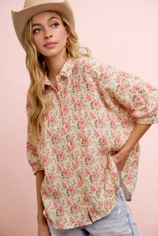 Kelly Flower Crinkle Buttoned Top