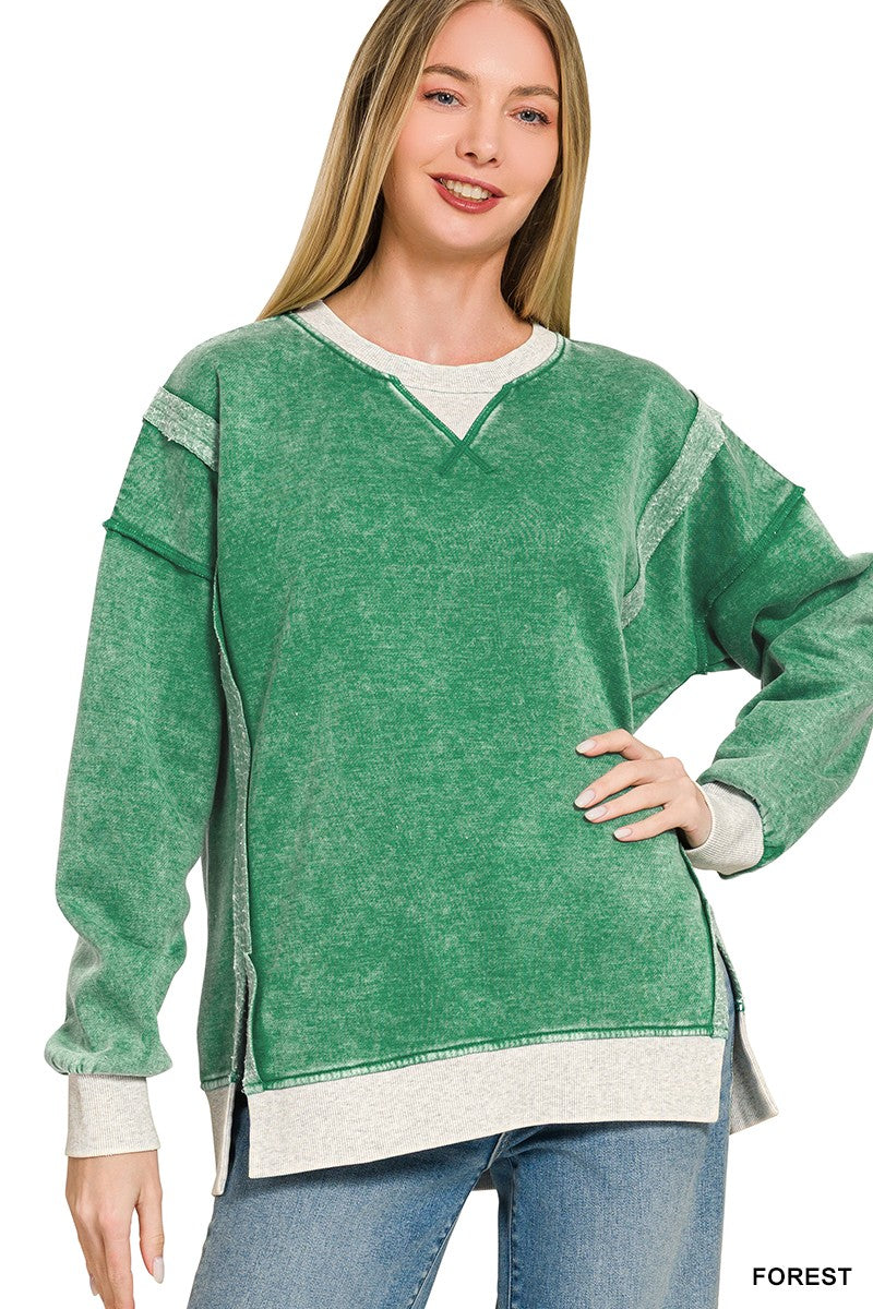 Eva Acid Wash Contrast Trim Pullover | Forest