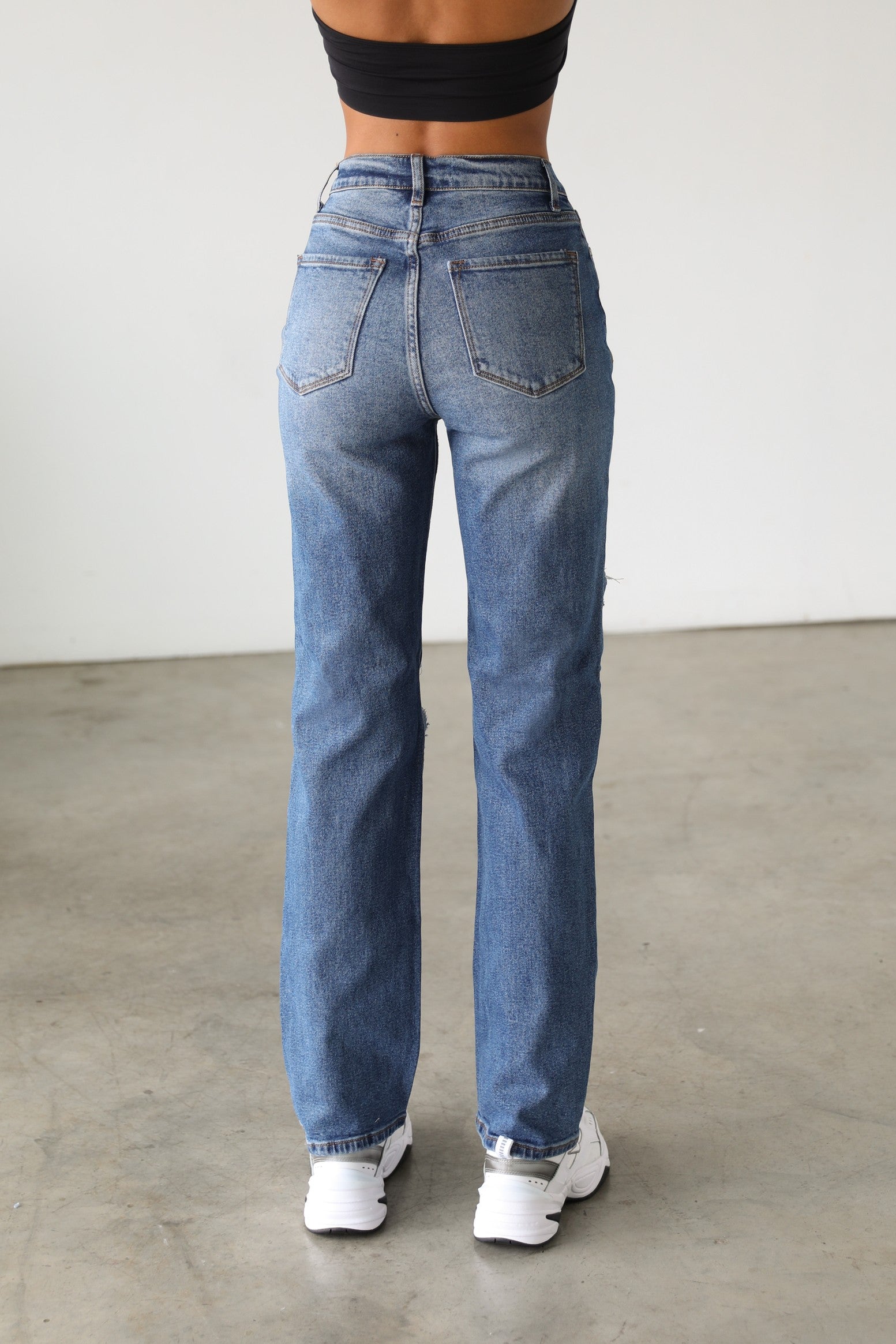 Straight Leg Distressed Denim | Dark Wash