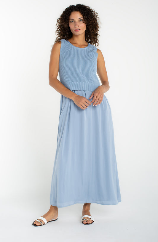 Liverpool Sleeveless Tie Back Sweater Woven Dress | Blue