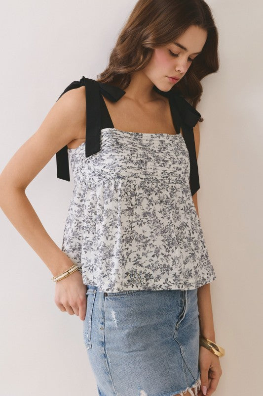 Jennifer Floral Ribbon Strap Babydoll Top