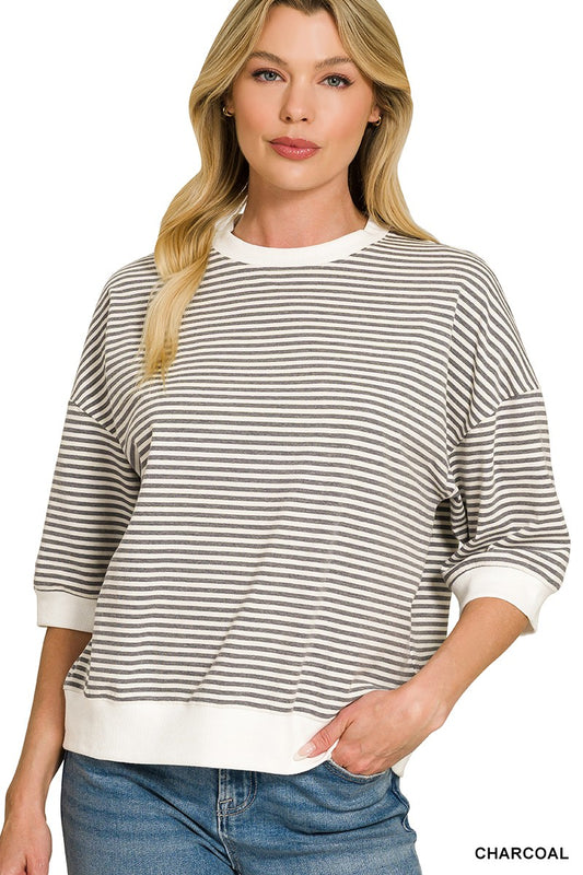 Vivian Striped Contrast Trim Top | Charcoal