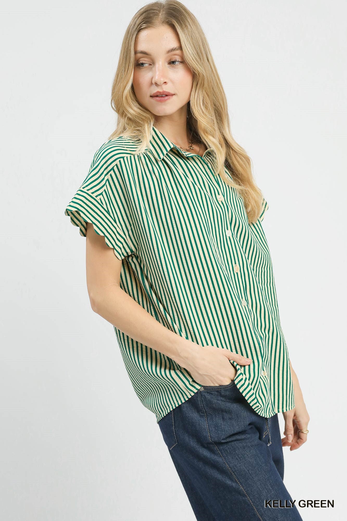 Scarlett Stripe Button Down W/ Scallop Sleeves