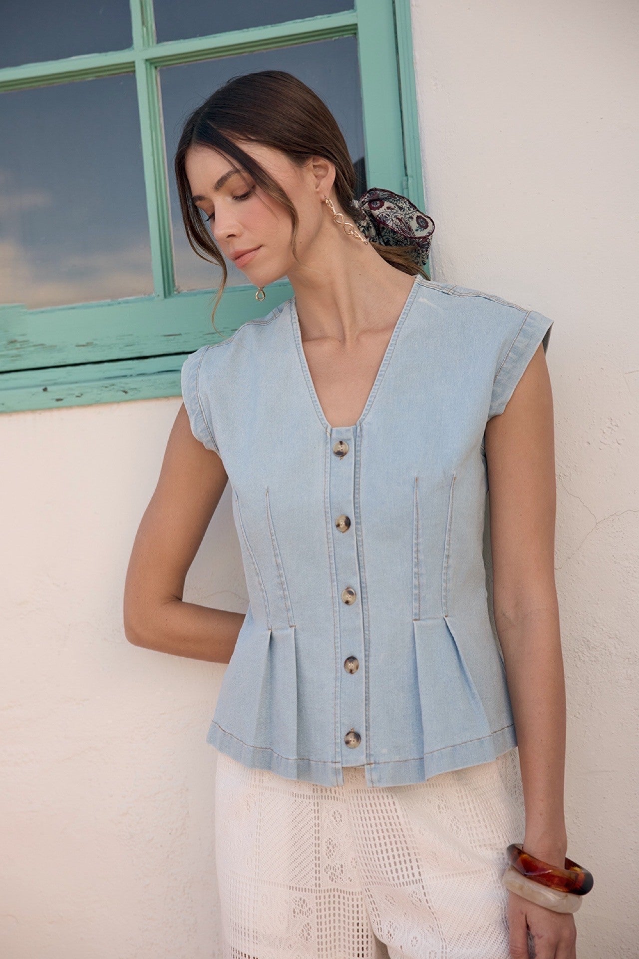 Cassidy Denim Pleated Top