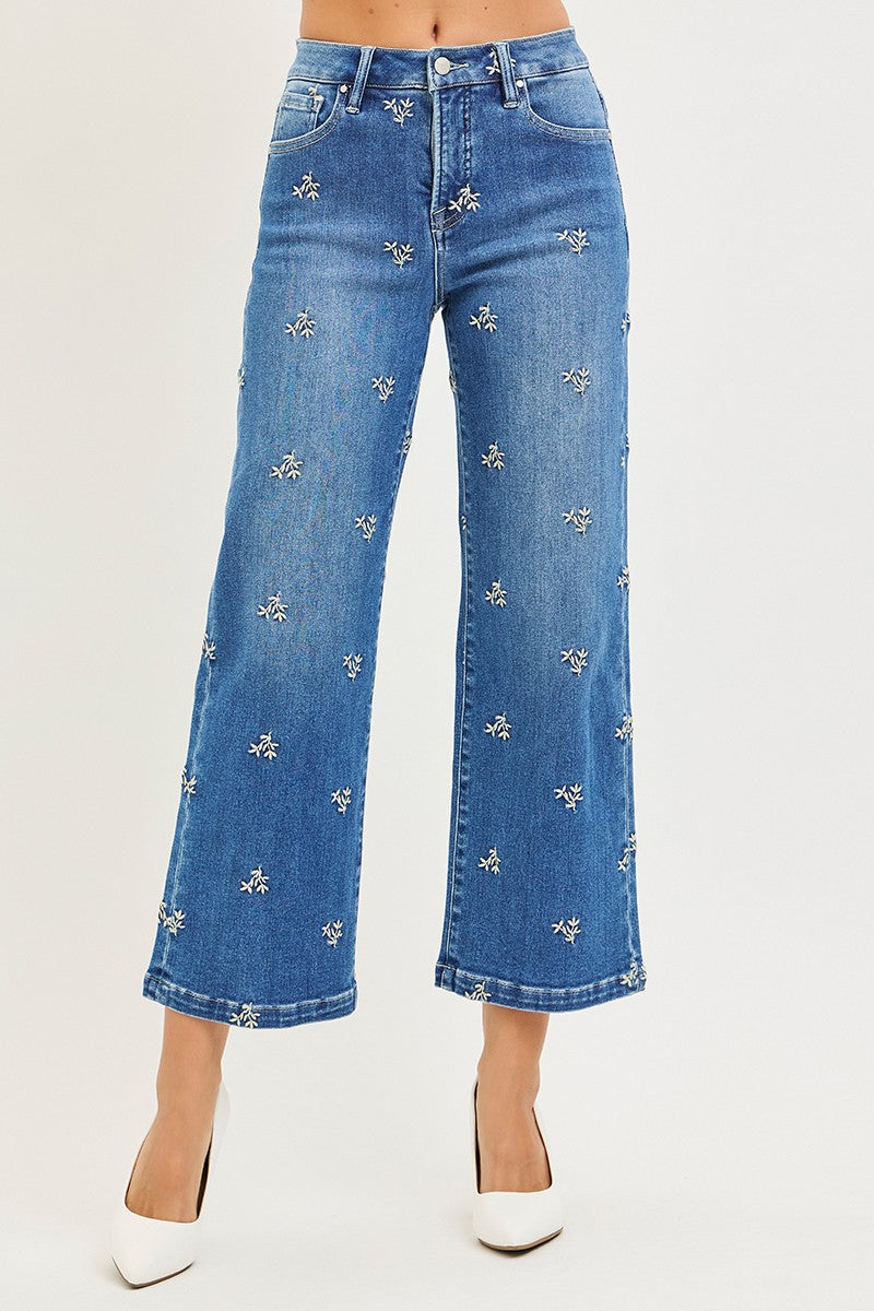 Risen Crop Wide Leg Embroidered Jeans