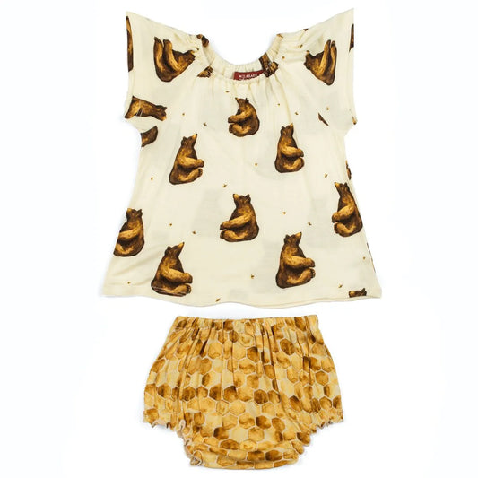 Honey Bear Bamboo Dress & Bloomer Set | Milkbarn 