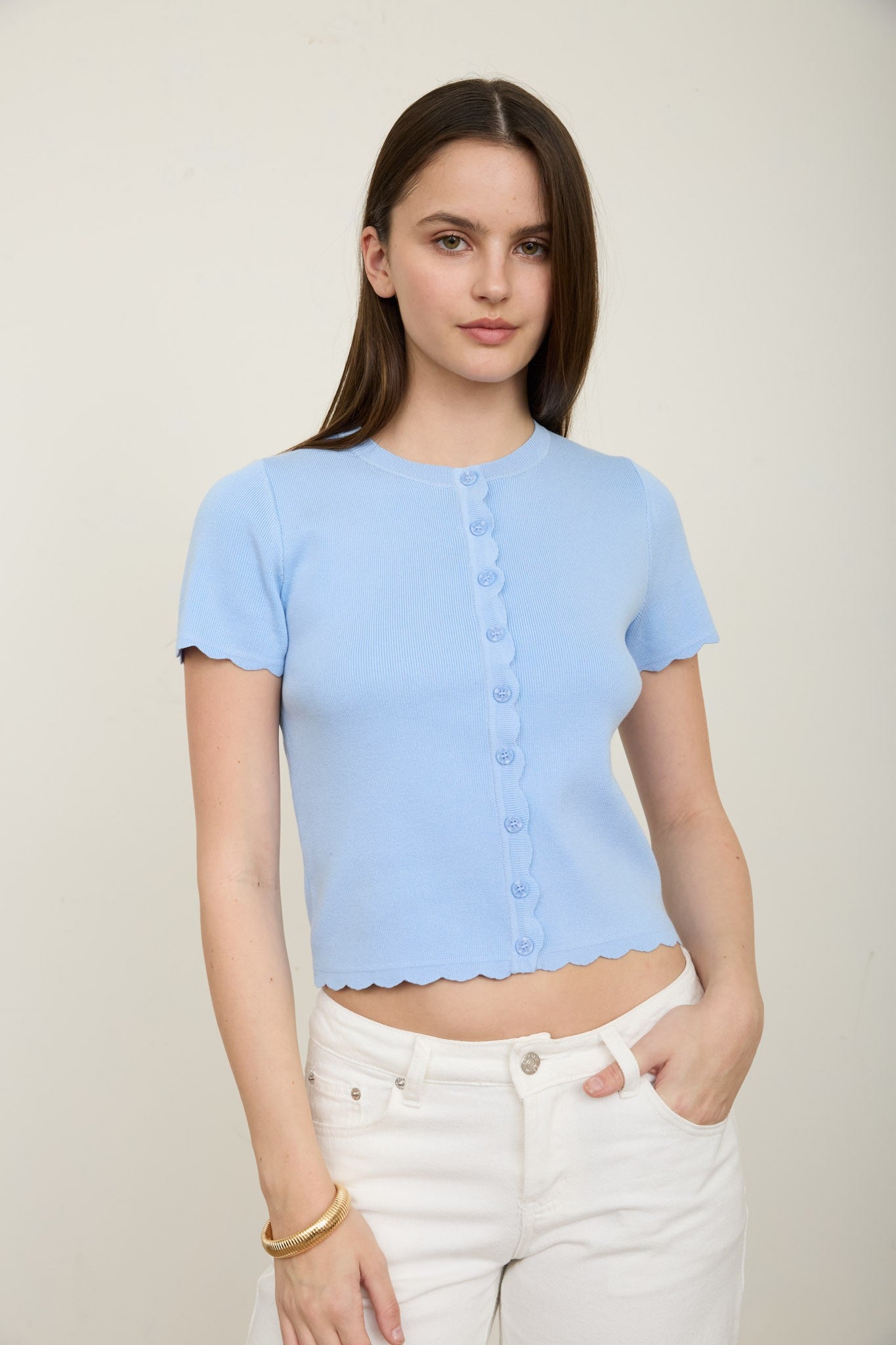 Ayla Scalloped Short Sleeve Cardigan | Blue