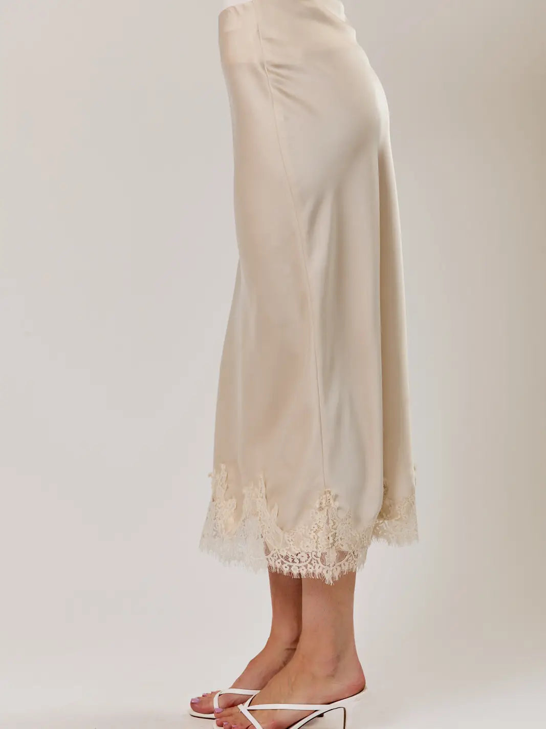 Lilly Satin Lace Hem Midi Skirt | Taupe