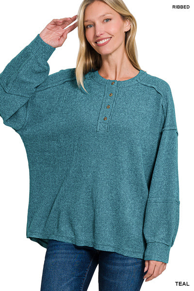 Ally Ribbed Henley Sweater | Teal