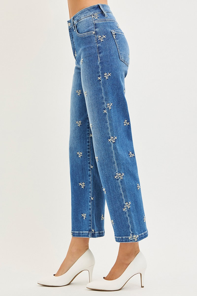 Risen Crop Wide Leg Embroidered Jeans