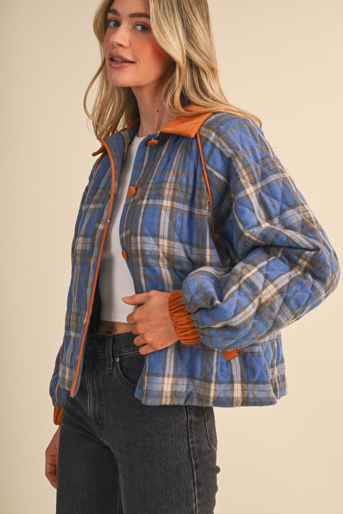 Riley Plaid Quilted Jacket With Contrast Corduroy