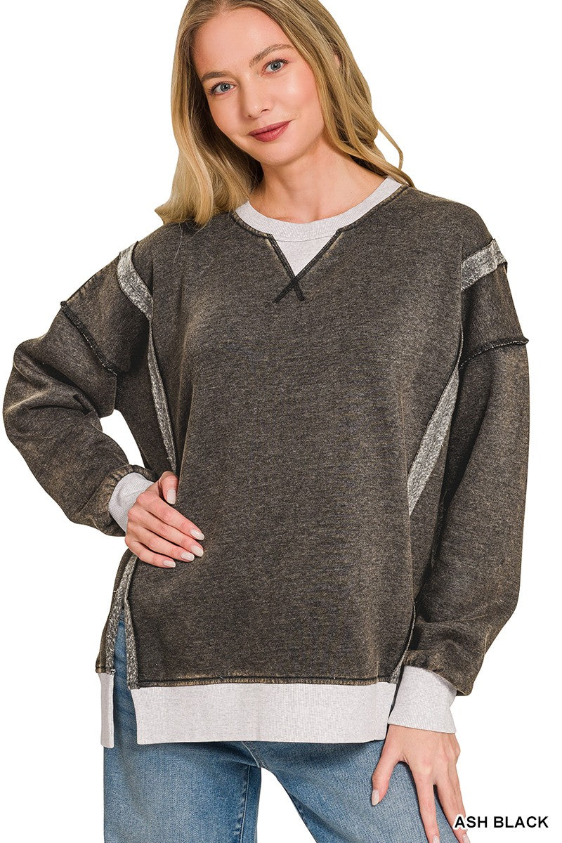 Eva Acid Wash Contrast Trim Pullover | Ash Black