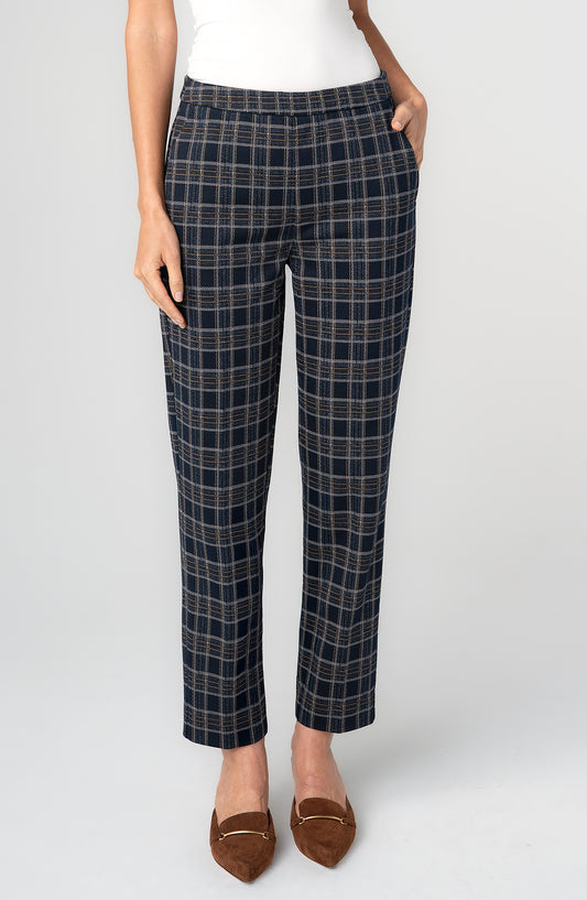Kayla Pull-on Trouser | Navy + Tan Plaid