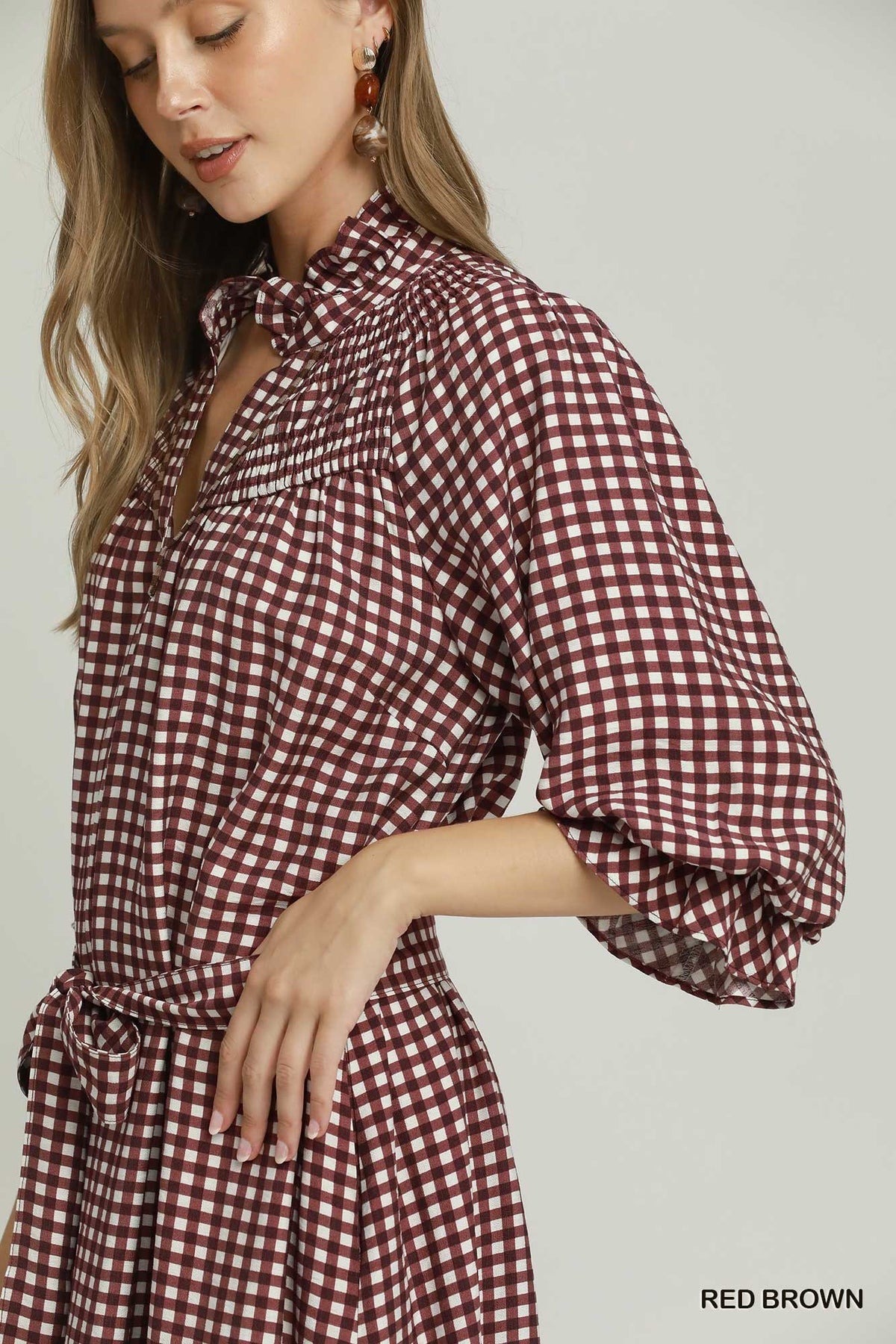 Brooklyn Gingham Tie-Neck Belted Midi Dress