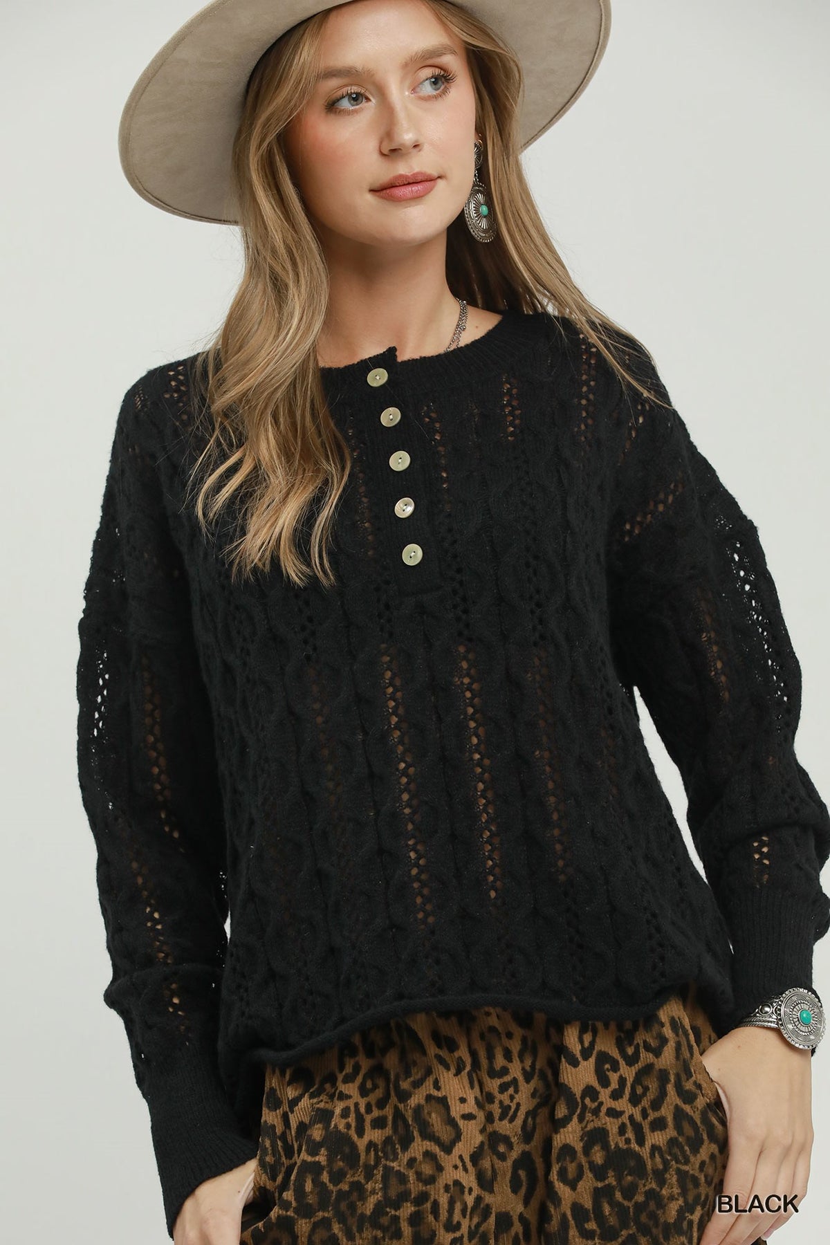 Faith Pointelle Cable Knit Henley Sweater