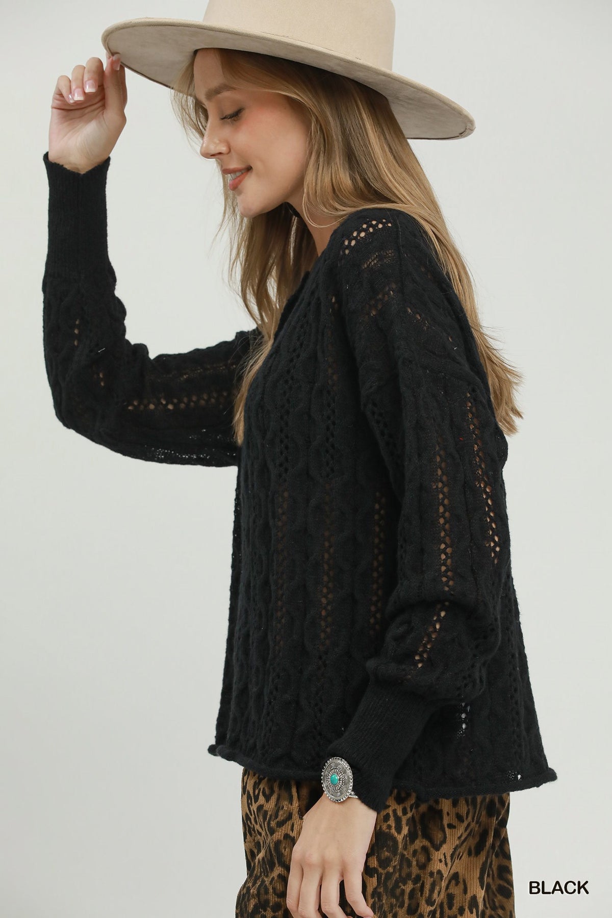 Faith Pointelle Cable Knit Henley Sweater