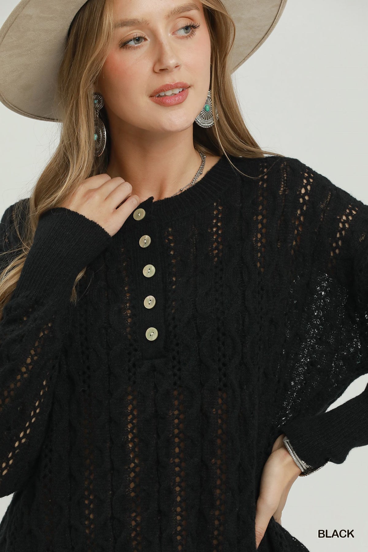 Faith Pointelle Cable Knit Henley Sweater