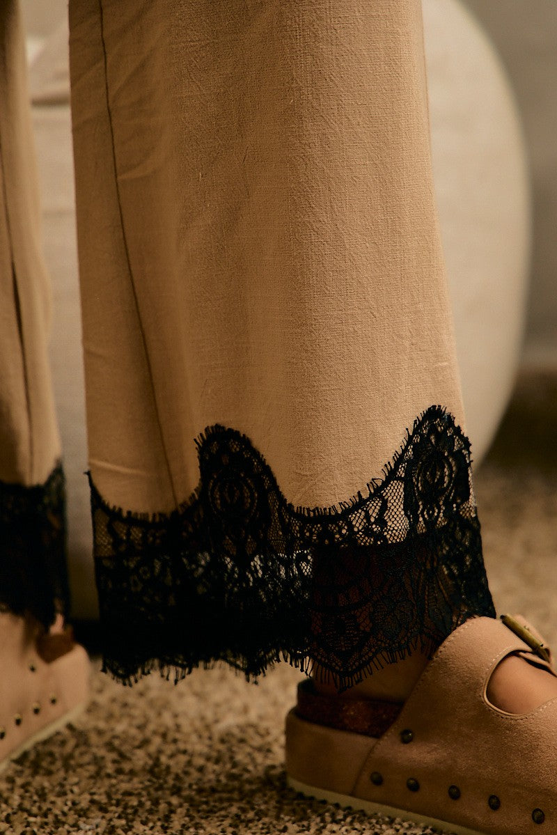 Eloise Lace Trim Pants | Beige